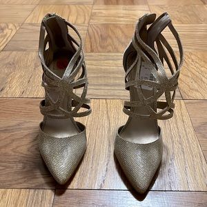 Badgley Mischka Belle gold caged heels, closed toe